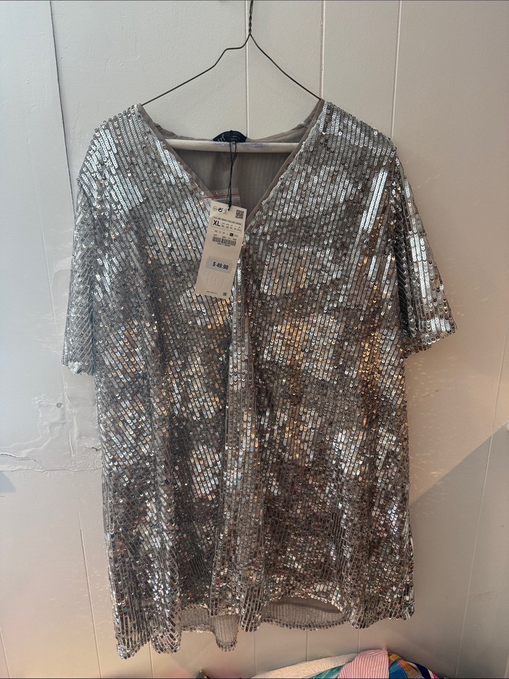 Zara Silver Sequin V-Neck Tunic Top